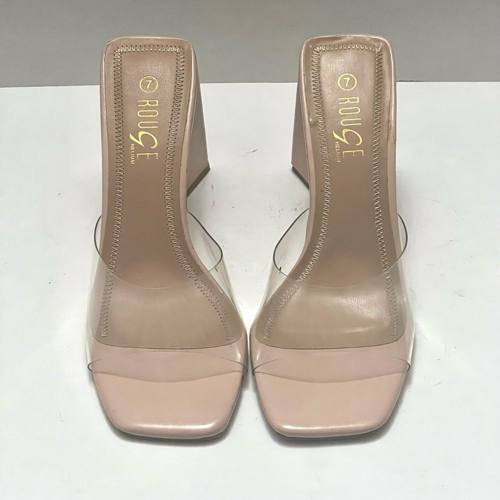 ROUGE HELIUM Clear Nude Sandals Women’s Sz 7 Square Open Toe Triangle Block Heel